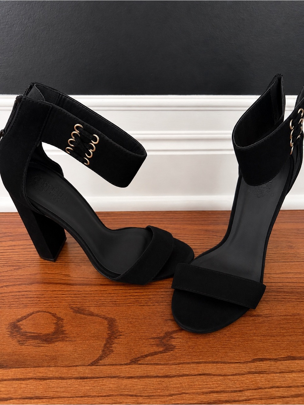 Charlotte Russe Black Suede Ankle Strap Block Heels with Gold Eyelet Detail